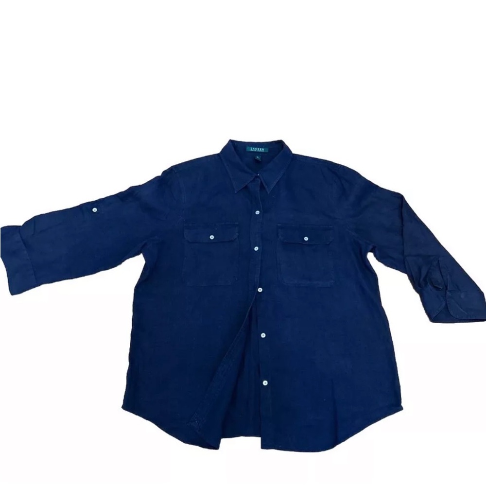 Vintage Ralph Lauren Shirt Women's XL Navy Blue 100% Linen 3/4 Sleeves Western